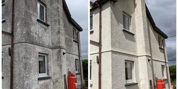 image is a before and after showing the successful results of softwashing a house.