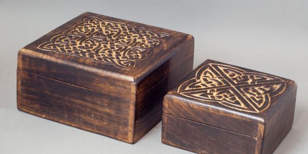 Hand Carved Celtic Wooden Box set of 2 nested boxes