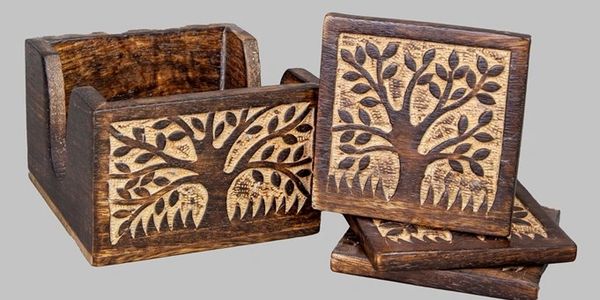 Hand Carved Wooden Tree Coaster set of 6
