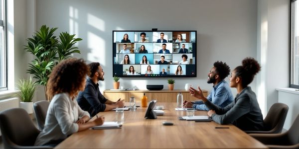 Sala de conferência moderna, 4 colaboradores, reunidos  com  participantes Remotos.