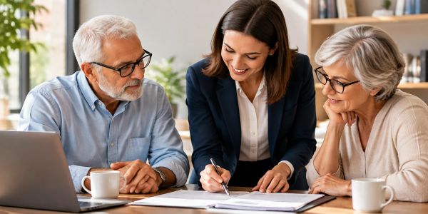 Financial advisor discussing documents with elderly couple.