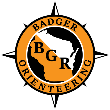 Logo of Badger Orienteering with Wisconsin map and compass design.