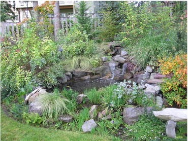 Pond with running stream fully landscaped with a bench, boulders, trees, shrubs and perennials.