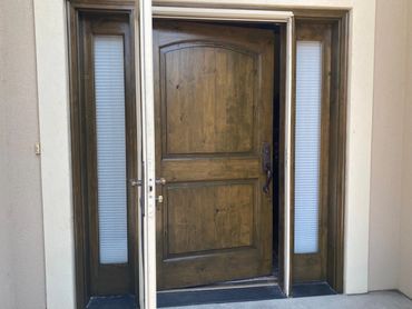 Wood front door with sidelights sanded, re-stained, sealed