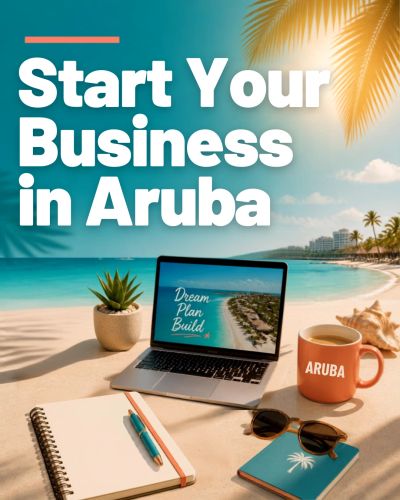 Promote starting a business in Aruba with a beach office setup.