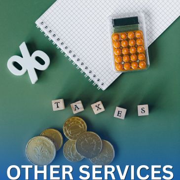 Calculator, coins, and tax letters representing financial services.