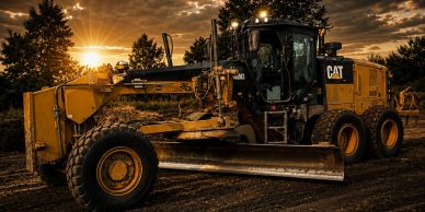 A CAT grader at sunset on a dirt road.