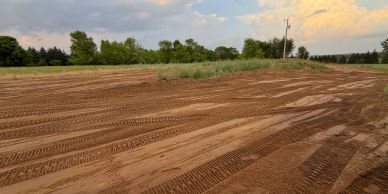 Fresh tire tracks on a dirt field during sunset.