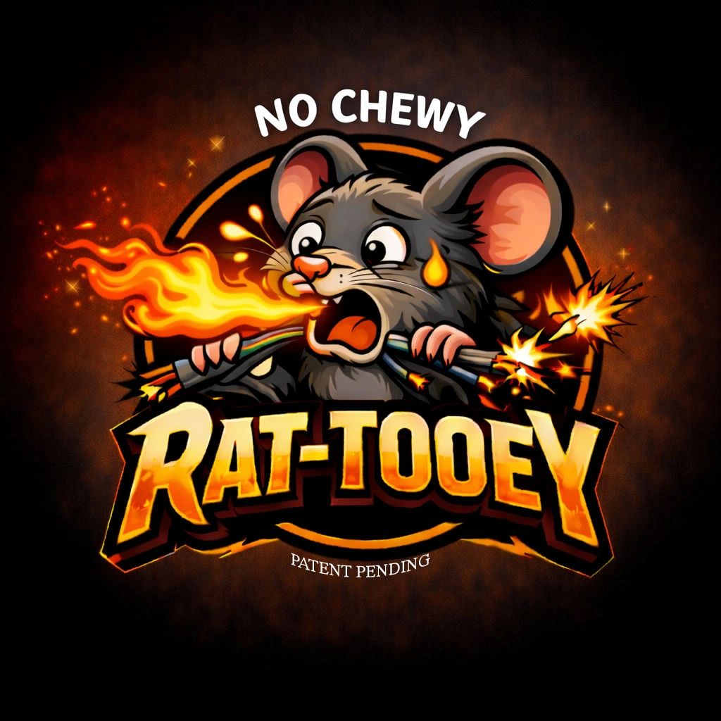 A cartoon rat biting sparking wires with the text 'No Chewy Rat-Tooey'.