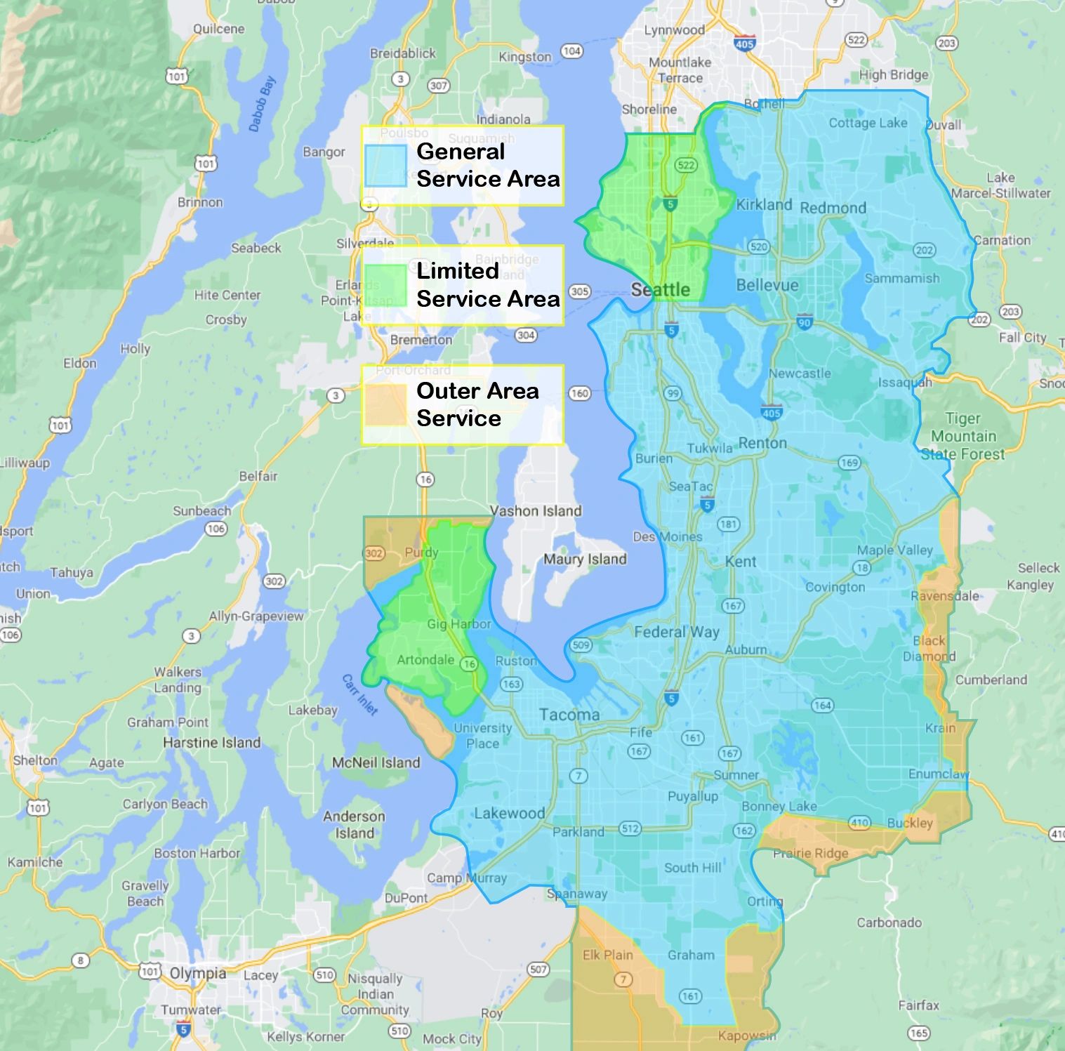 Service area coverage for Mole Masters in the King County & Pierce County areas.