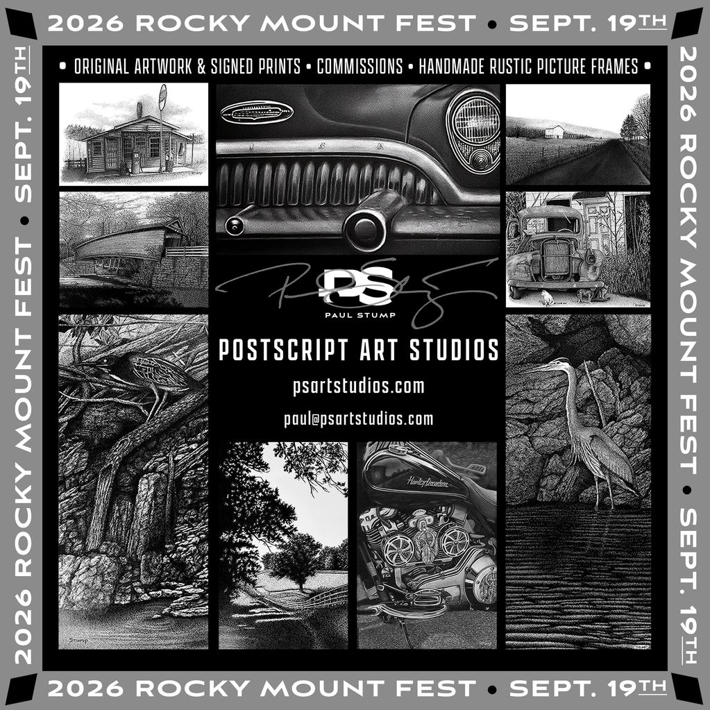 2026 Rocky Mount Fest art by Paul Stump showcasing detailed black-and-white sketches.