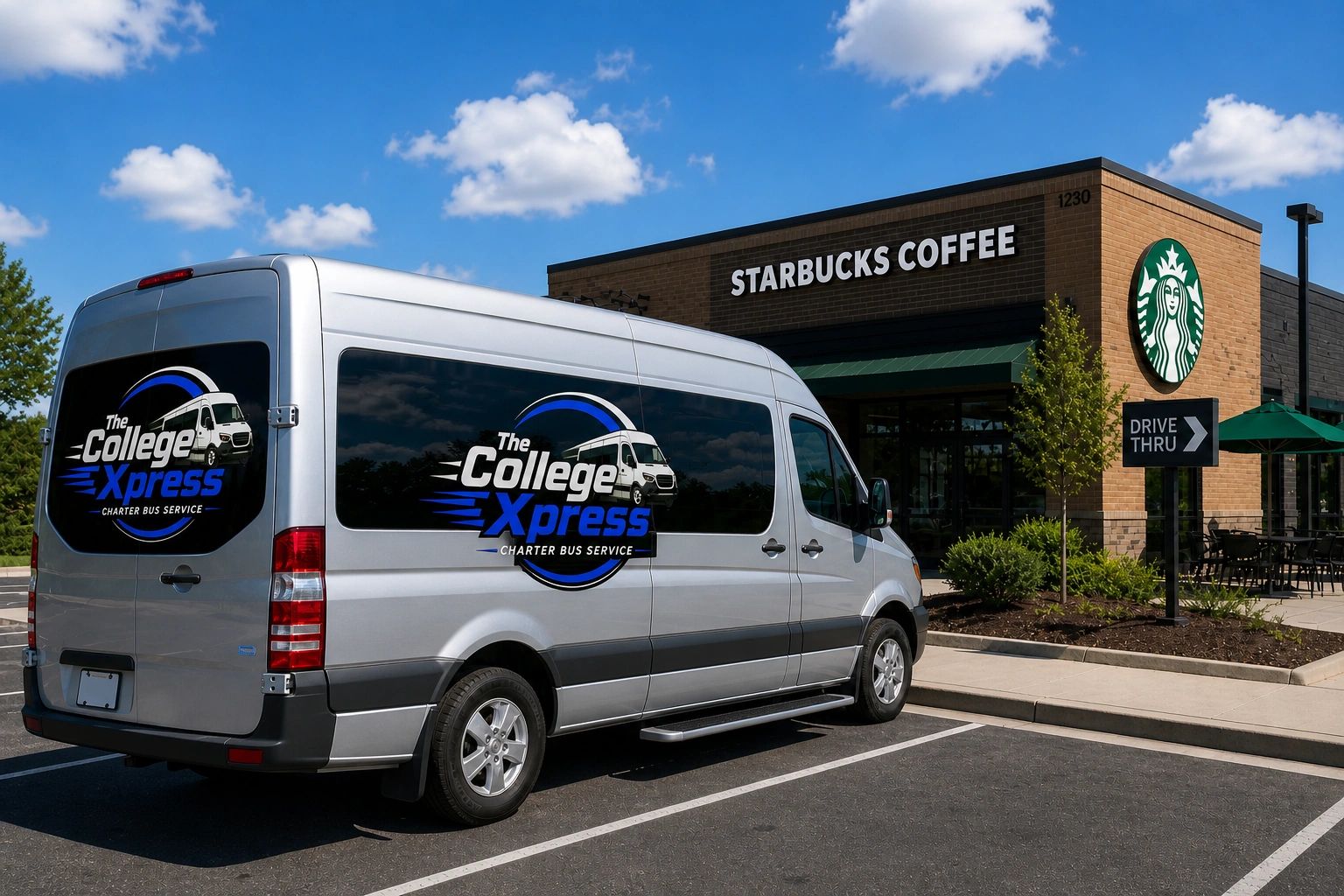 Silver charter bus from The College Xpress parked near Starbucks drive-thru on a sunny day.