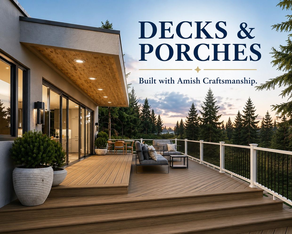 Spacious deck with modern furniture overlooking a forest at sunset.
