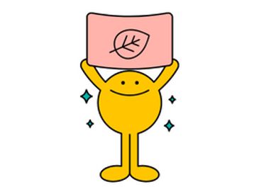 Yellow circle cartoon smiles and holds up light pink poster with a leaf on it. Teal sparkles around.