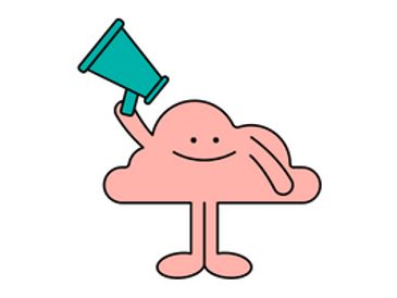 A light pink cloud-shaped cartoon smiles and holds up teal megaphone.