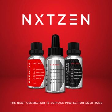 Three NXTZEN surface protection bottles against a red background.
