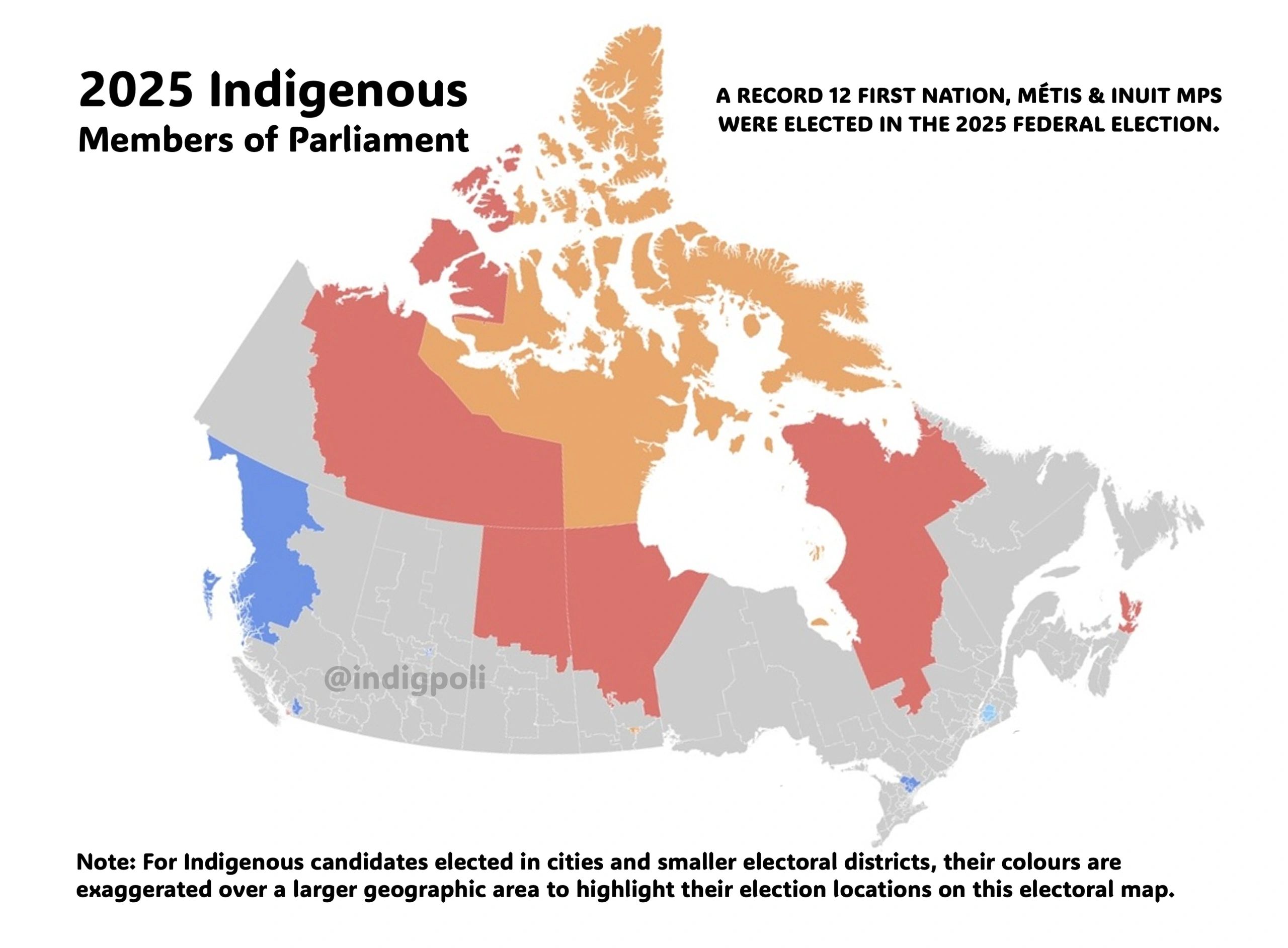 Electoral Map of 12 Indigenous Members of Parliament elected as result of the 2025 Federal Election.