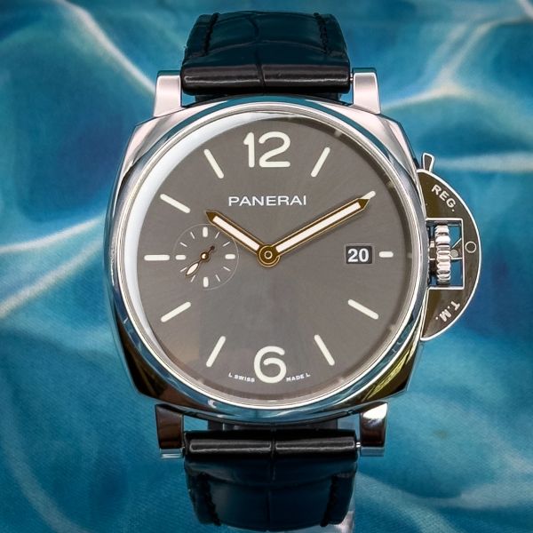 Elegant Panerai wristwatch with black leather strap and silver case.