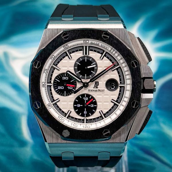Audemars Piguet luxury chronograph watch with black and white dial.