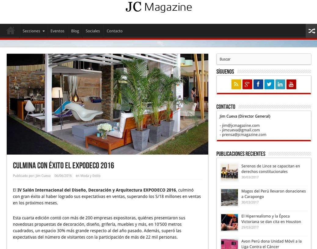 Revista digital JC Magazine.
Articulo sobre Expodeco 2016.