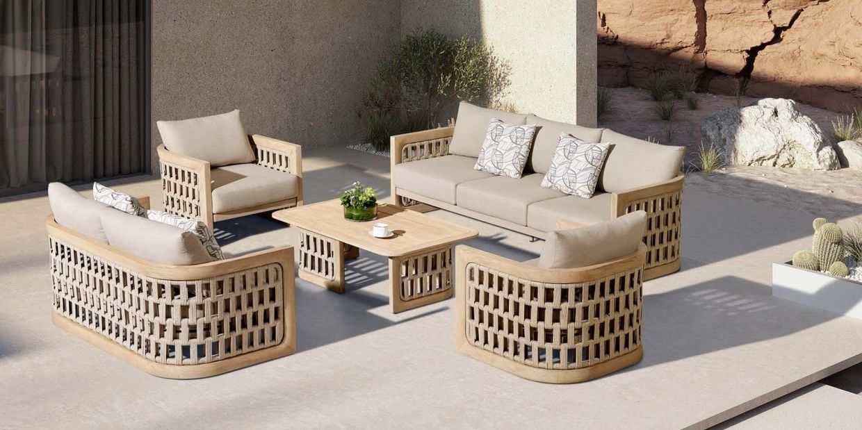 Babmar Porto Collection outdoor seating, solid teak wood base with all-weather rope, sand finish