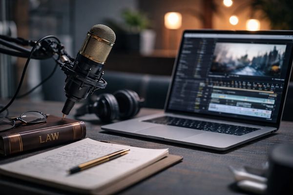 Podcast setup with law book, microphone, laptop, and notes on a wooden desk.