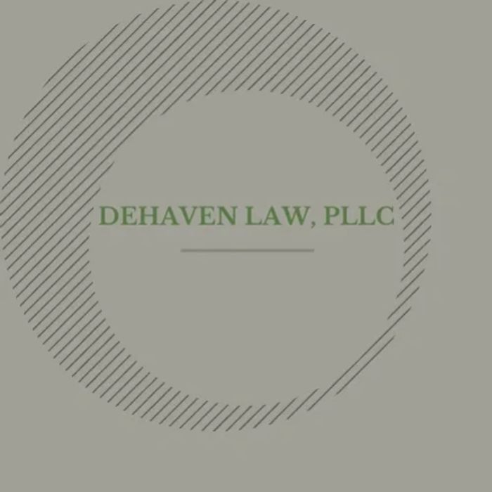 Logo for DeHaven Law, PLLC with a circular striped design and green text.