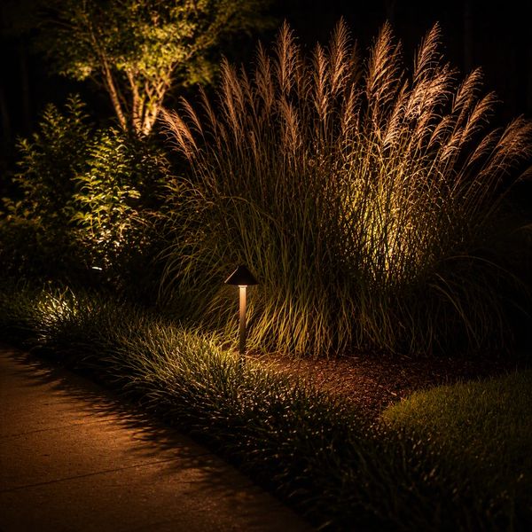 Custom landscape lighting illuminating a garden pathway and ornamental grasses in Wilmington, NC.