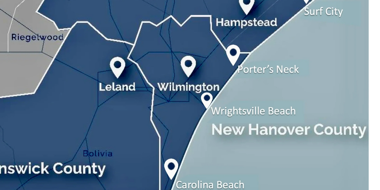 Map of Wilmington, NC and surrounding areas.