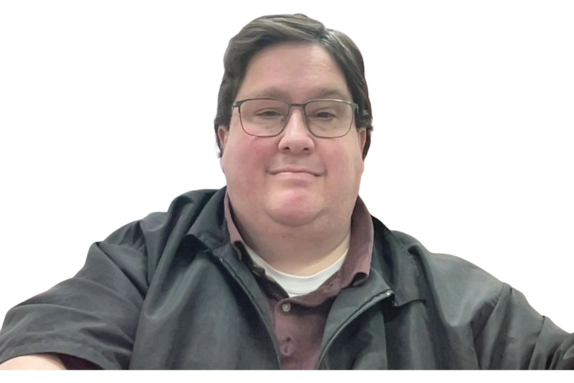 Man with glasses wearing a dark jacket and maroon shirt.