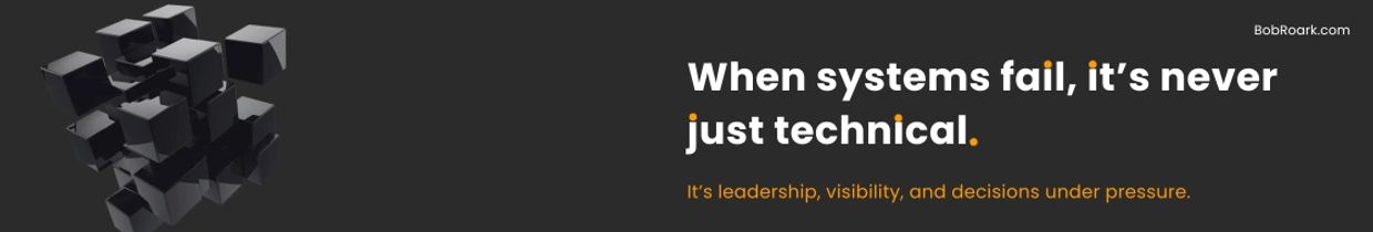 Black cubes with text about leadership and system failure on a dark background.