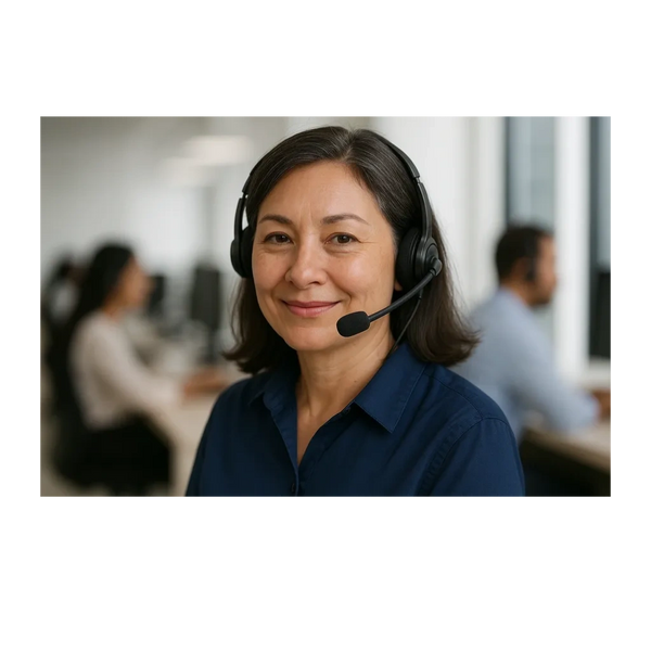 Smiling customer service representative wearing a headset in an office ready to help injured people lodge a claim