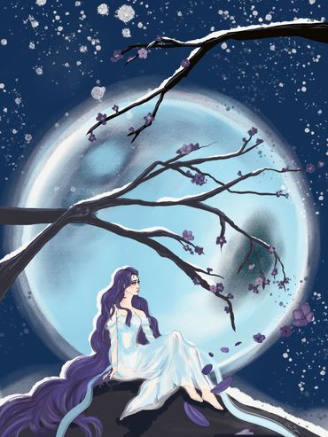 A woman with long purple hair sits beneath a blossoming tree against a glowing full moon.