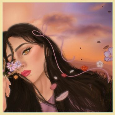 Digital painting of a woman with flowing hair and flowers at sunset.
