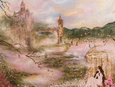 A dreamy castle landscape with a woman in white near flowers.