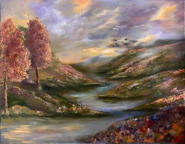 A serene landscape with a river, trees, and colorful hills under a vibrant sky.