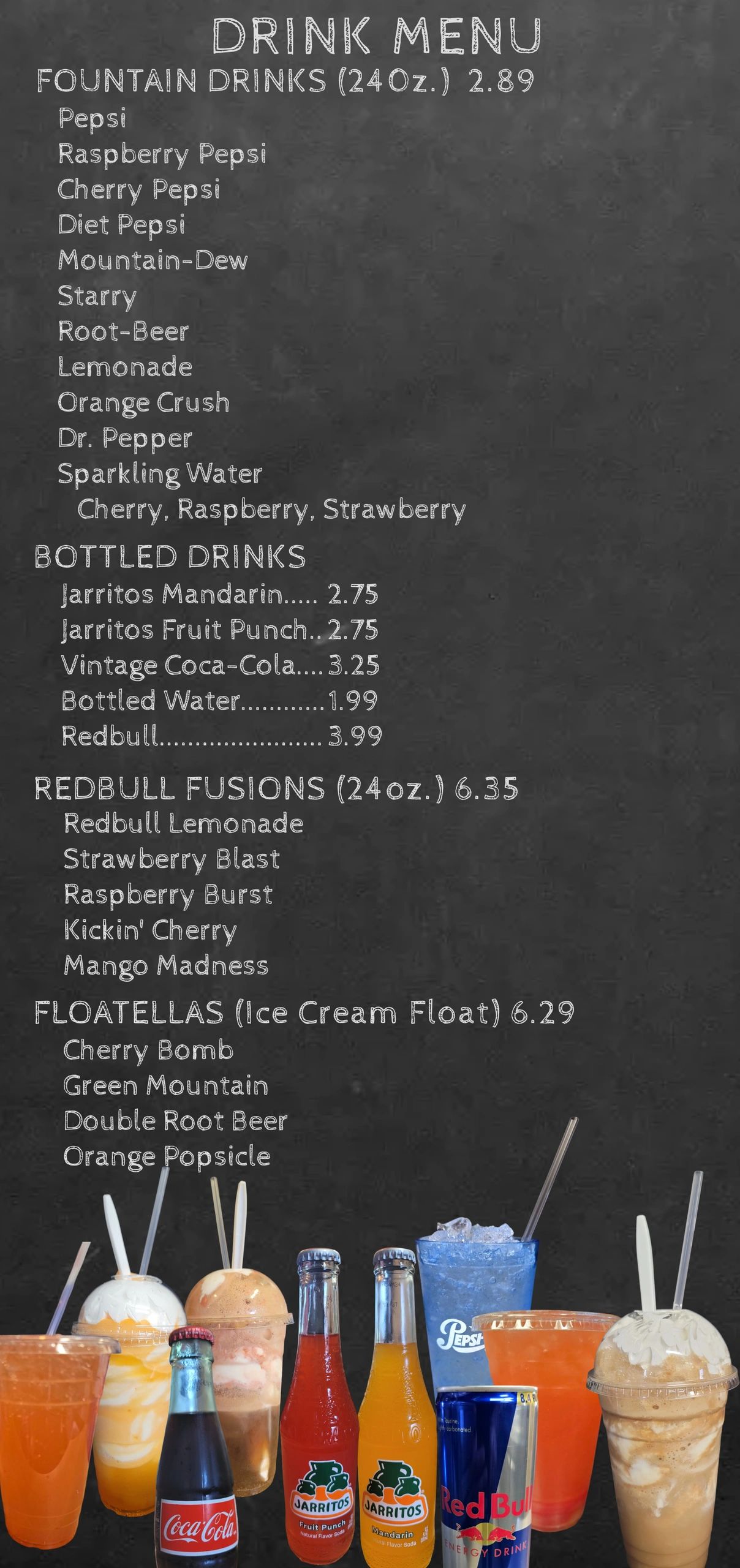 Drink menu with fountain drinks, bottled drinks, Redbull fusions, and floatellas.