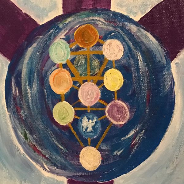 Abstract painting with interconnected colorful circles and a central winged figure.