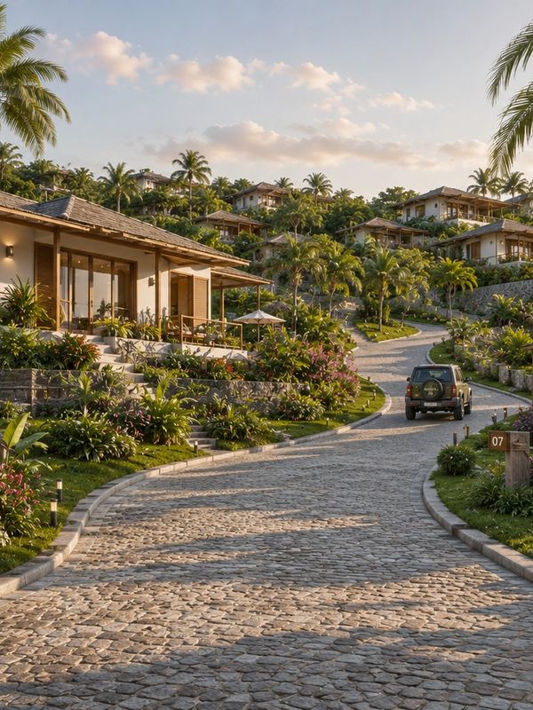 Scenic resort road winding through tropical villas and lush greenery.