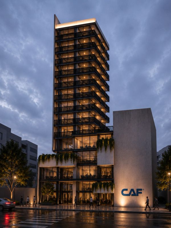 Modern high-rise building with illuminated balconies at dusk.