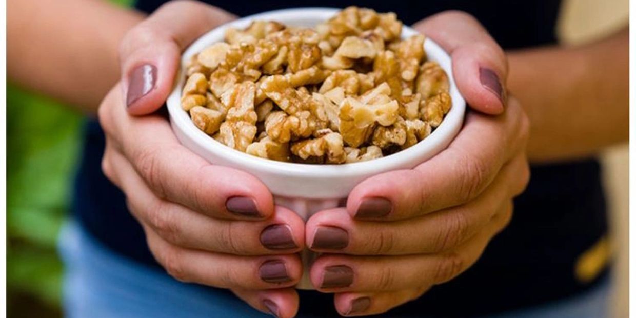 Hands holding a bowl filled with walnuts.