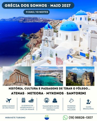 Promoção de viagem para Grécia em maio de 2027 com roteiro completo.