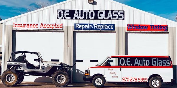 OE Auto Glass shop front on Hwy 402 in Larimer County