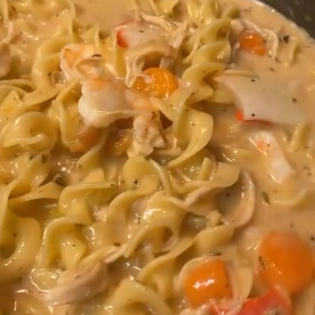 Homemade Chicken noodle soup mixed with lobster and crab meat 