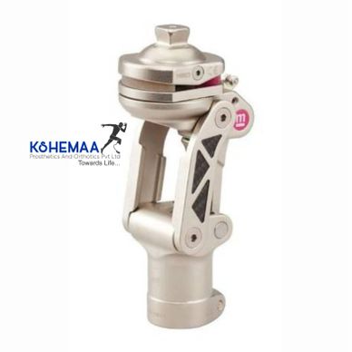Close-up of a metallic prosthetic knee joint component.