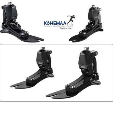 High-tech black prosthetic feet for enhanced mobility from Koshemaa.