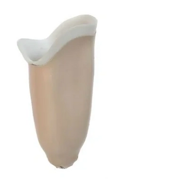 Beige prosthetic leg socket with a white inner lining.