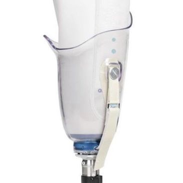 Transparent prosthetic leg socket with adjustable straps.