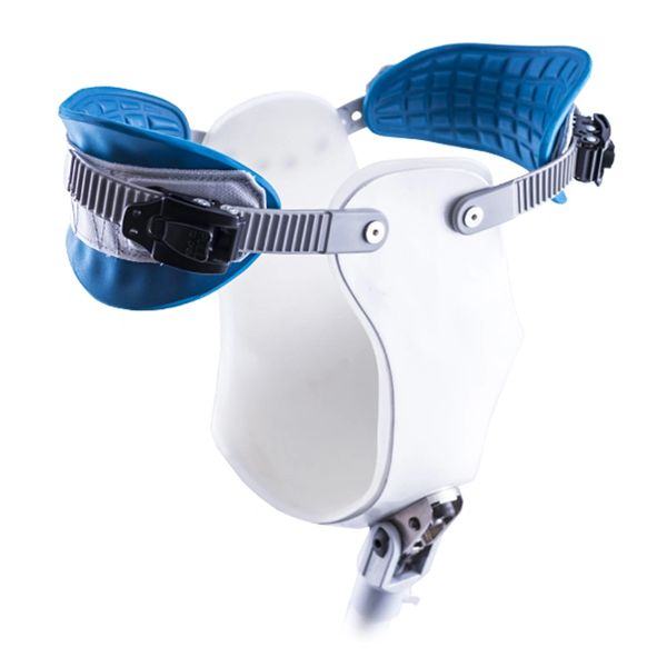Close-up of a white and blue orthopedic hip brace with adjustable straps.