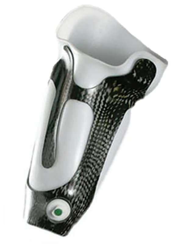 High-tech prosthetic leg with carbon fiber design and white socket.